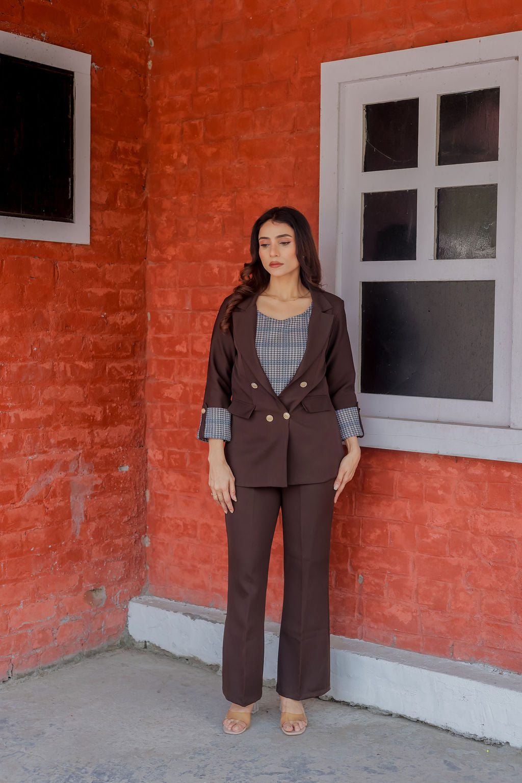 Wine crepe pants with gold buttons detailing ESWPA0017-WINGB