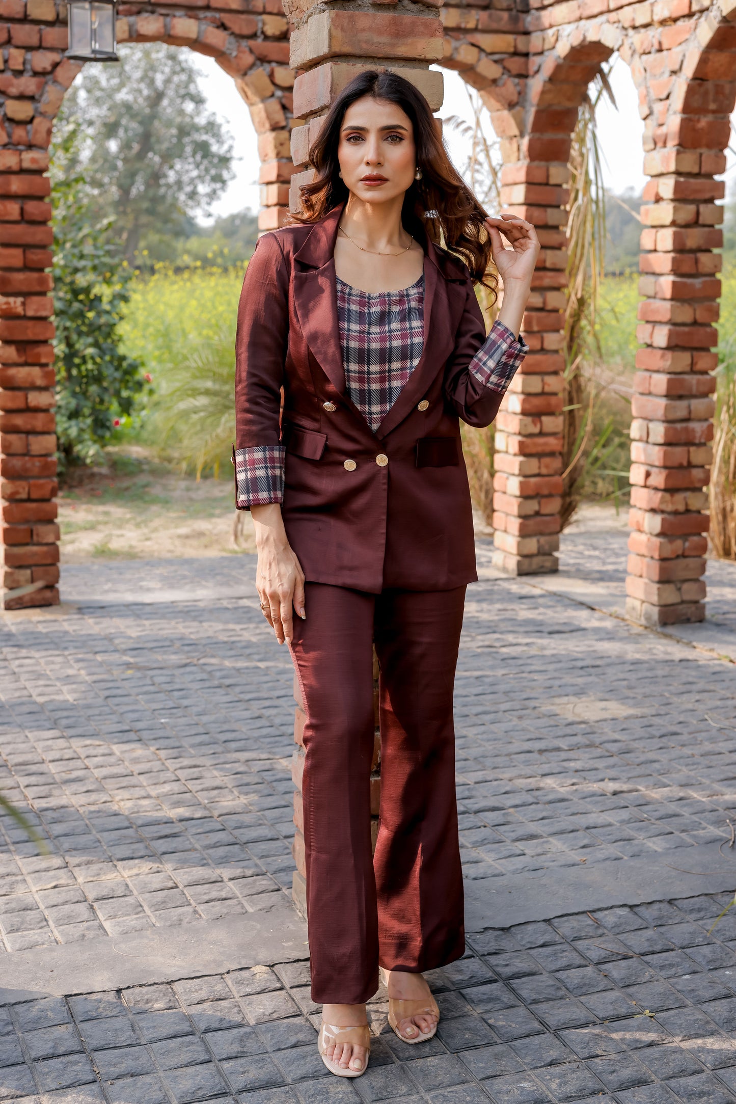Wine linen satin premium coat with check detailing cuffs with gold buttons EWCT0007-WINGB