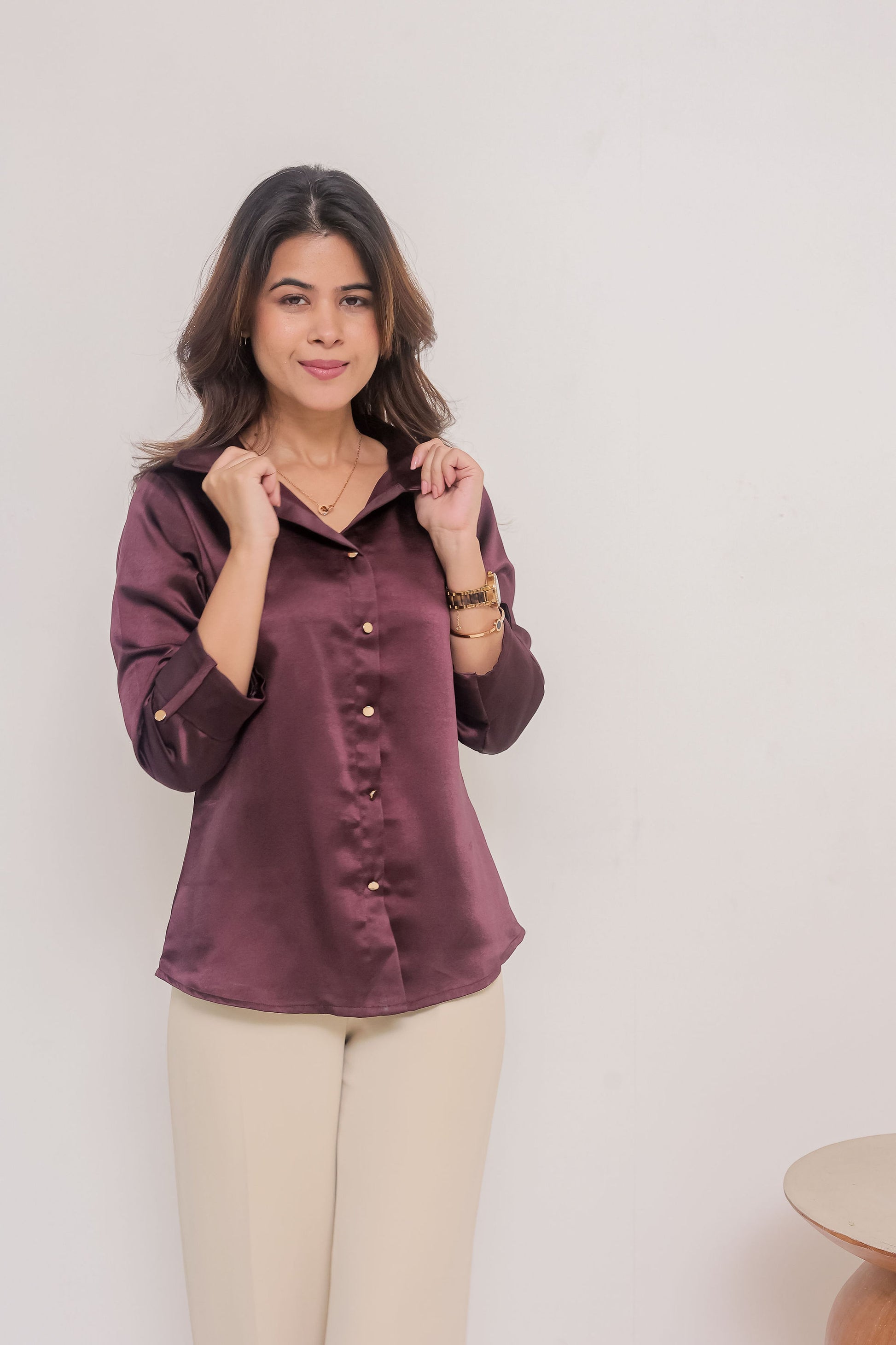 Purple satin shirt with plain gold buttons-esseneur
