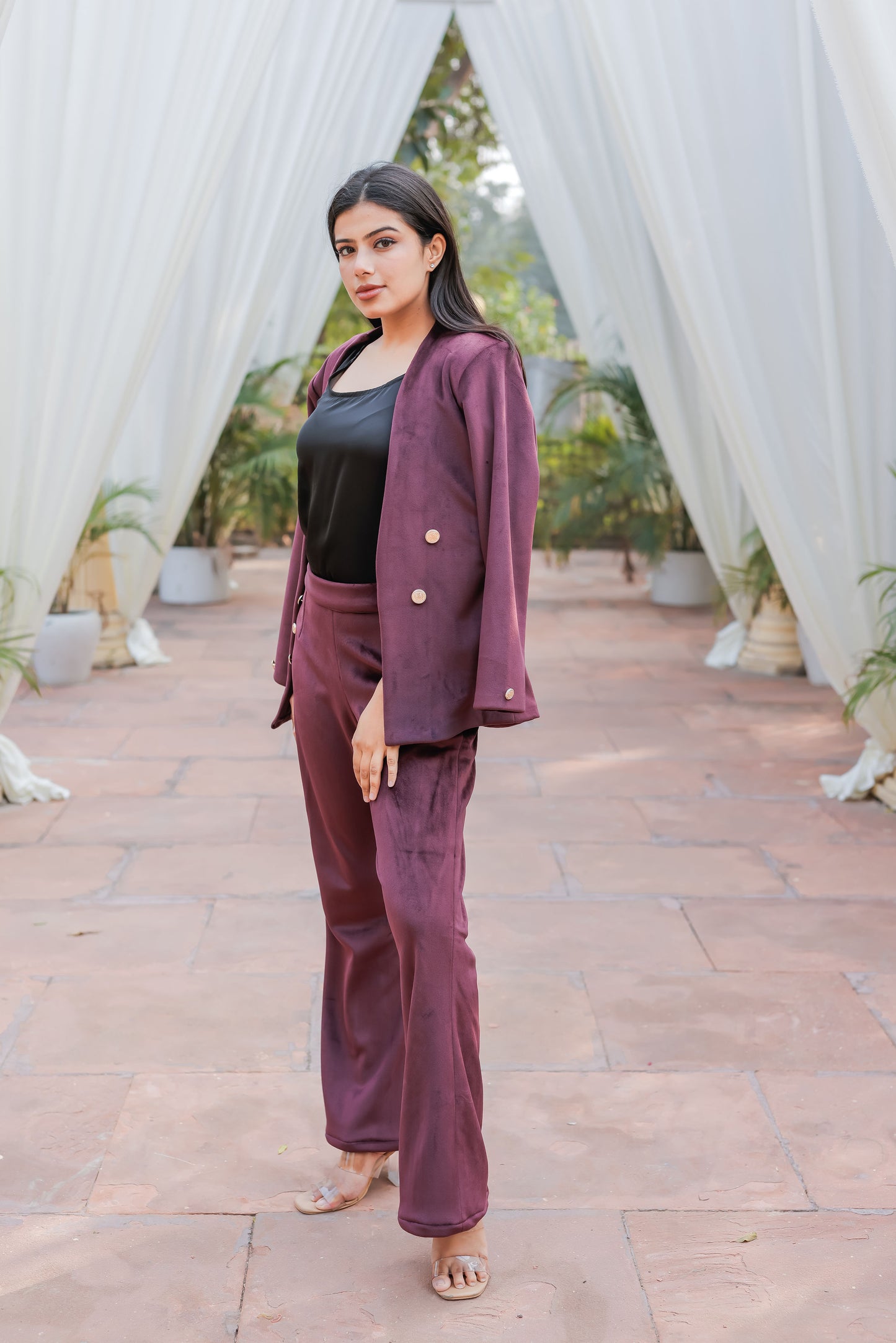 Wine velvet coat with gold detailing buttons EWCT0010-WINGB
