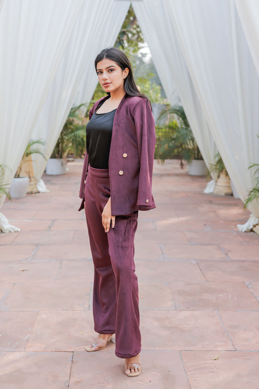 Wine velvet coat with gold detailing buttons EWCT0010-WINGB