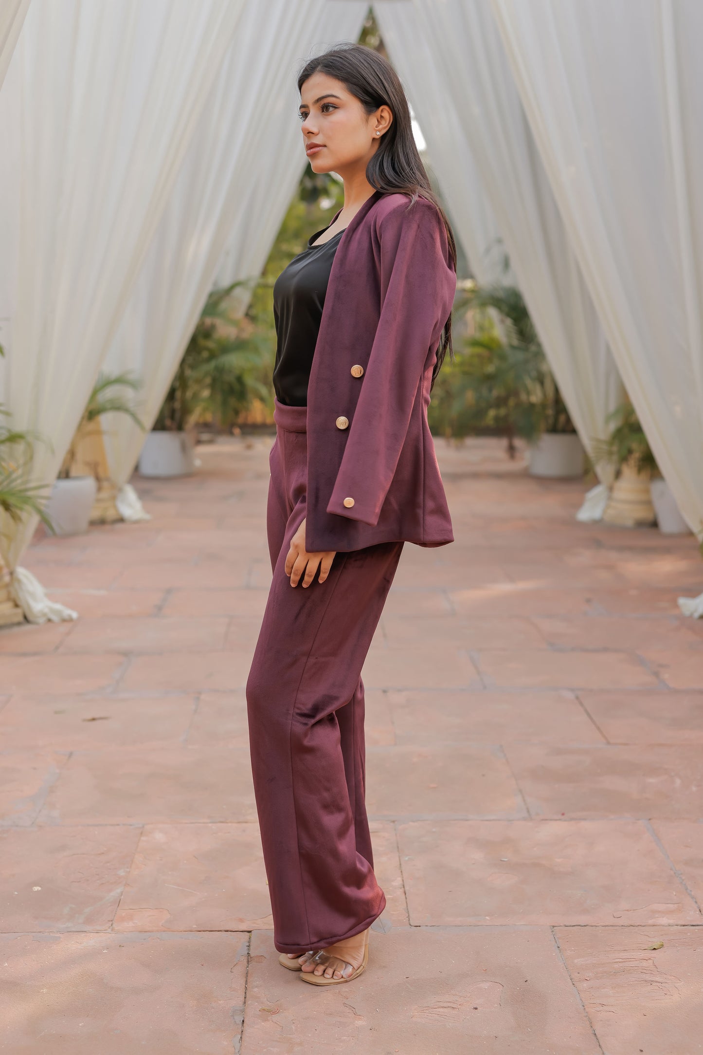 Wine velvet coat with gold detailing buttons EWCT0010-WINGB