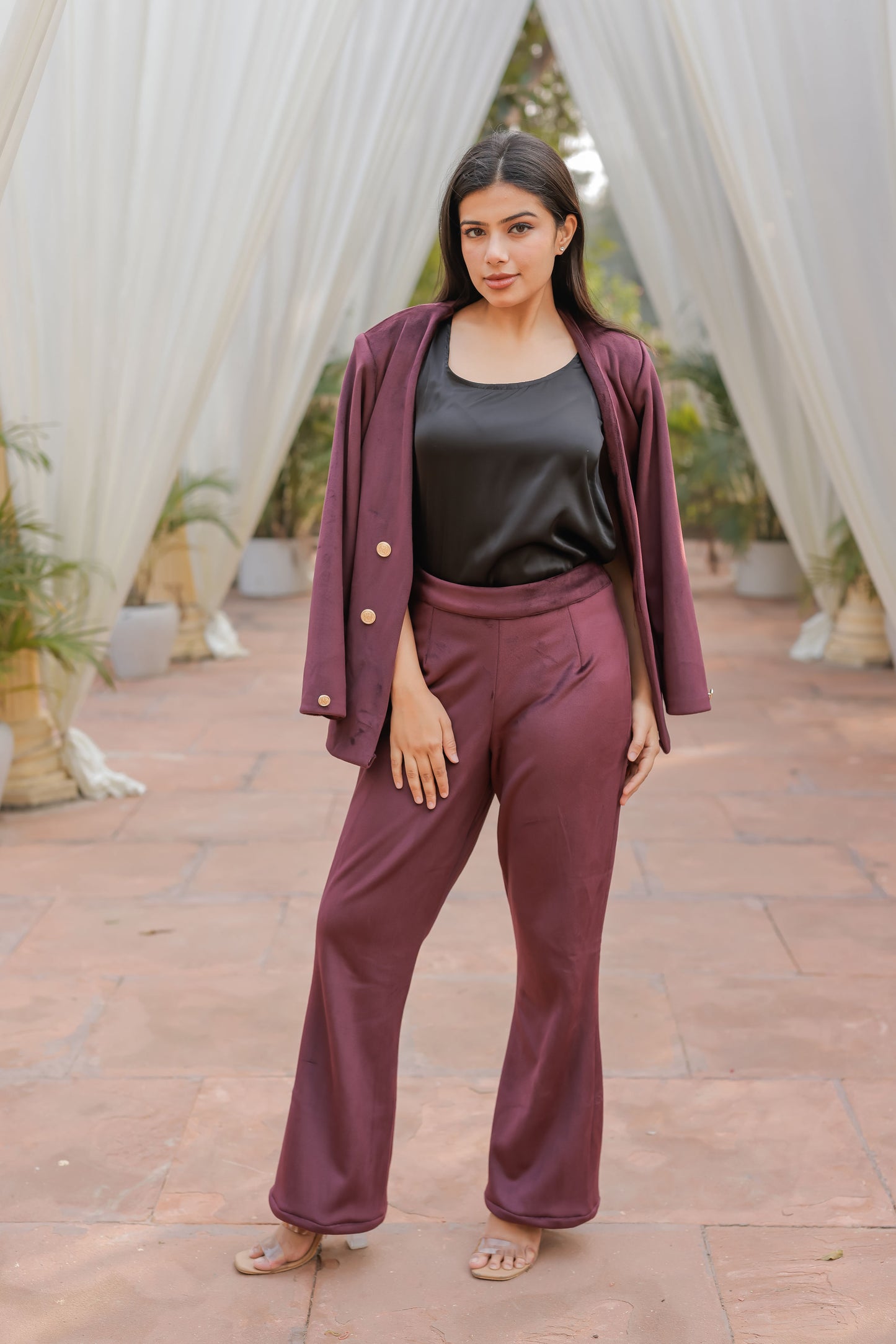 Wine velvet straight pants with gold buttons detailing ESWPA0029-WINGB