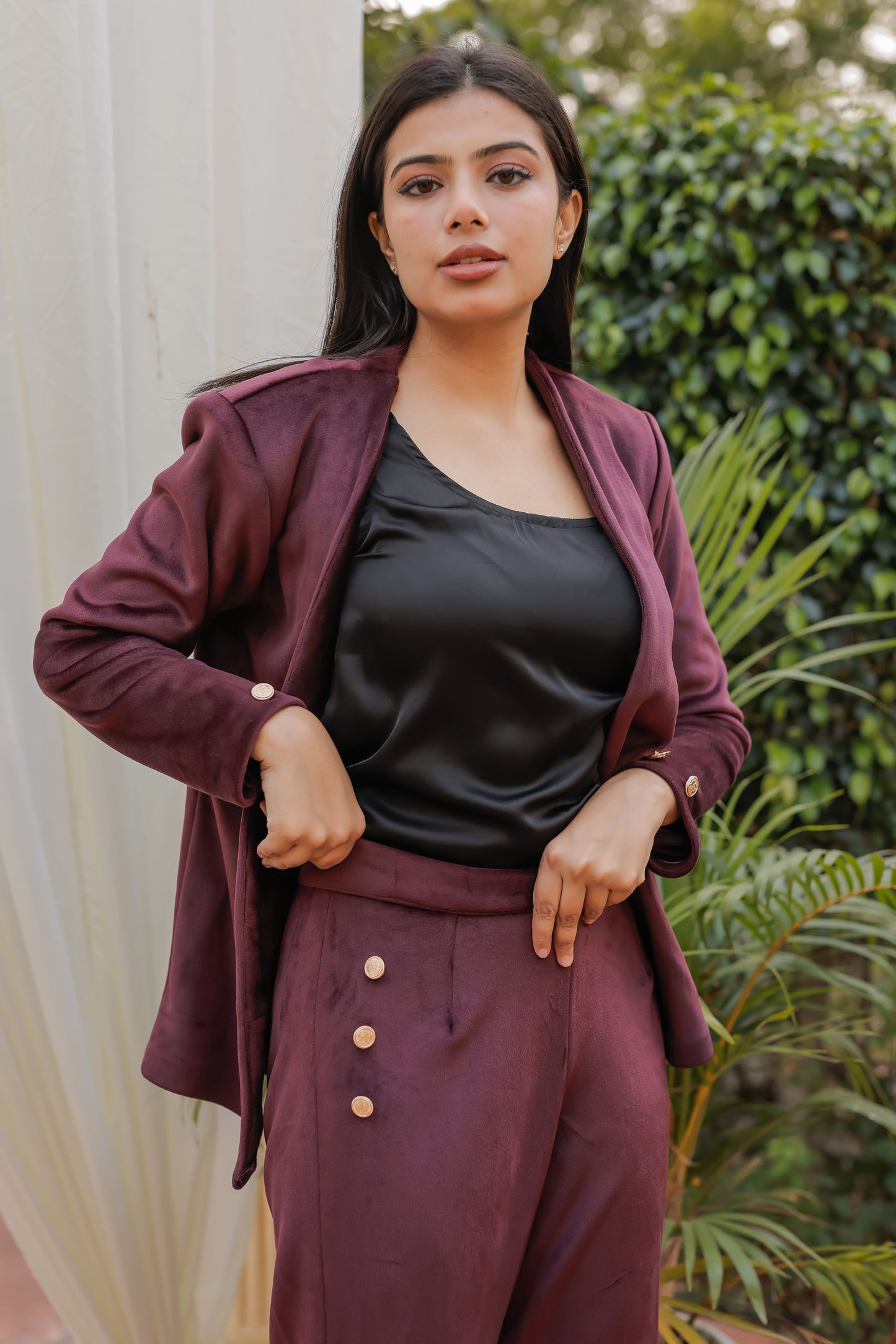 Wine velvet straight pants with gold buttons detailing ESWPA0029-WINGB