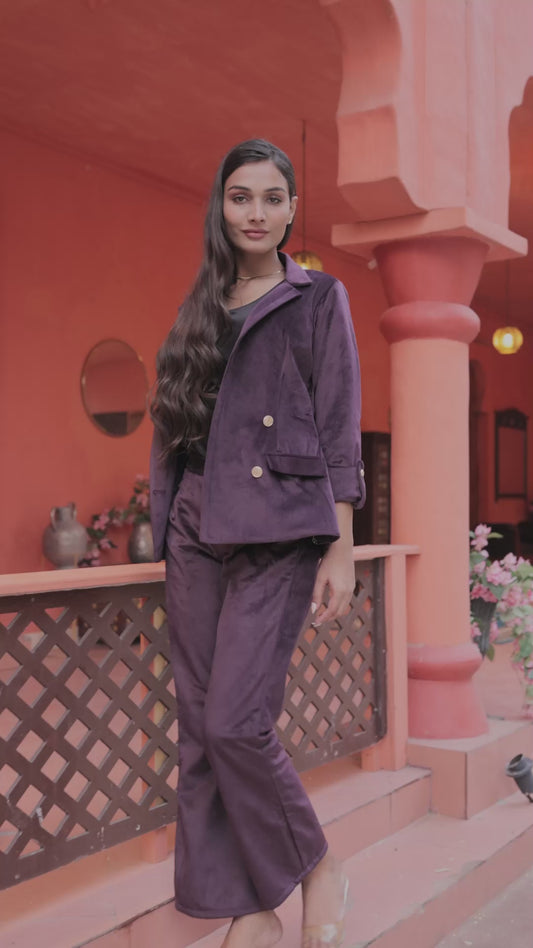 Purple velvet coat with gold detailing buttons EWCT0009-PURGB