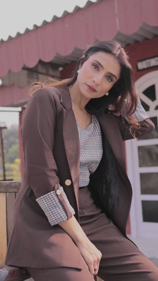 Brown crepe coat with Houndstooth cuff detailing and gold buttons EWCT0006-BRNGB