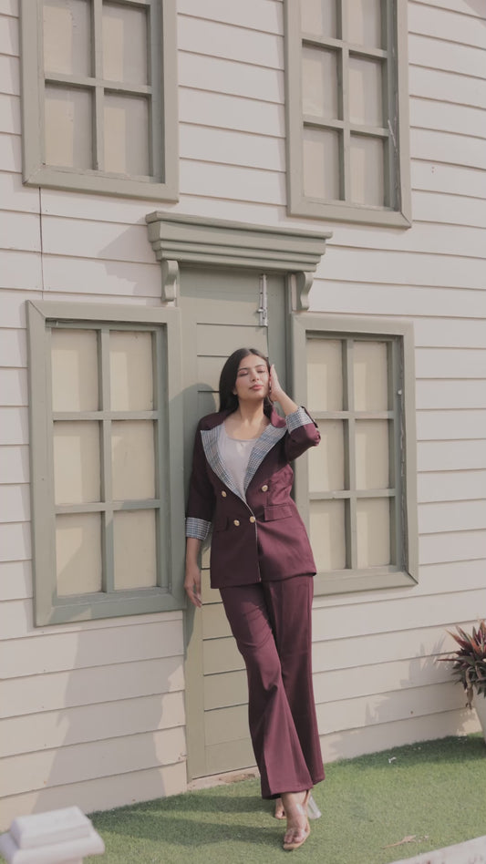 Wine crepe coat with houndstooth print detailing and gold buttons EWCT0001-BRNGB